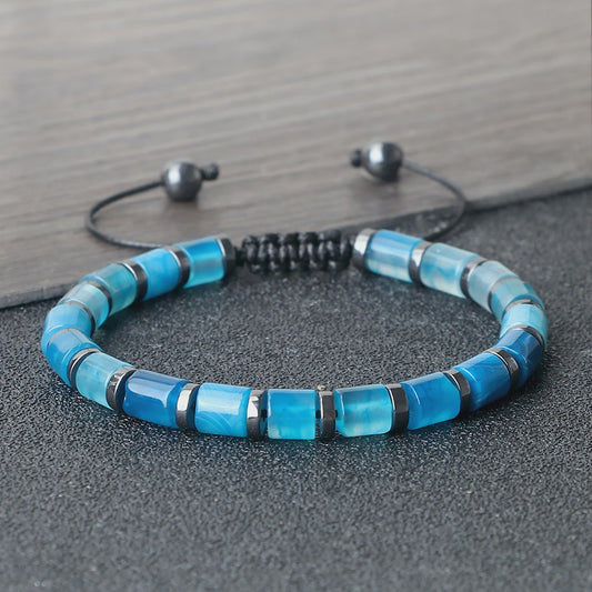 Blauwe Cilindervormige Agate Armband - Gevlochten Natuursteen Bangle voor Dames en Heren