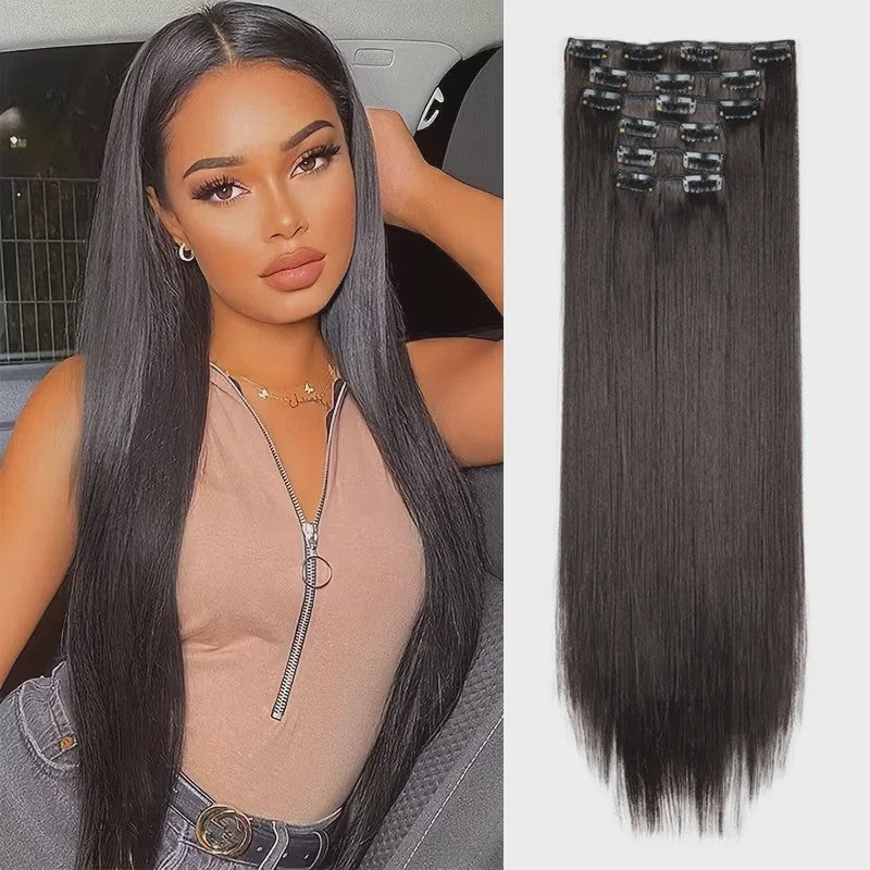 Synthetische Haarverlenging Set: 6 Delen Clip-in Extensions 60cm Lang & Steil