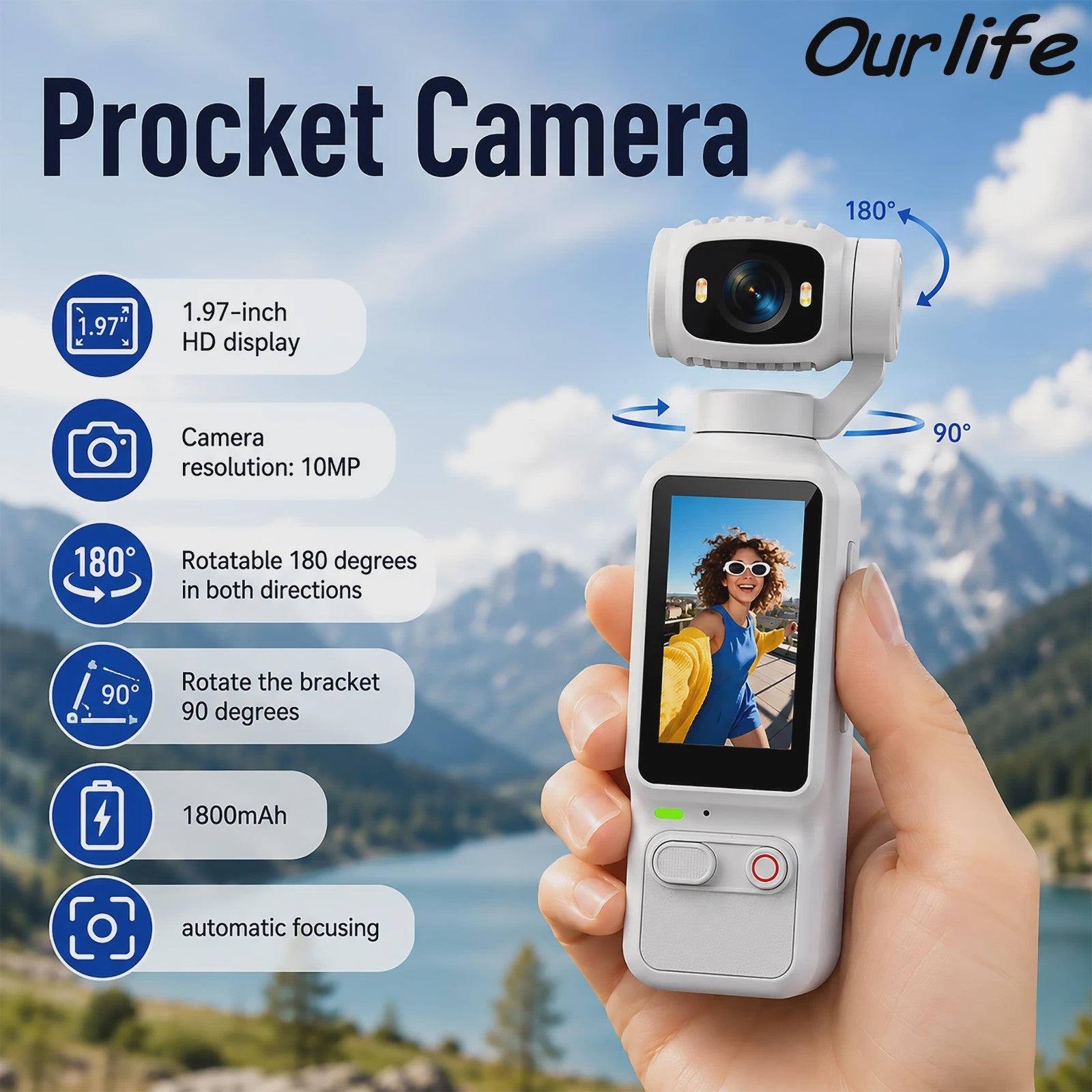 Ourlife Draagbare Pocket Action Camera - 4K HD, 180° Roteerbare Lens voor Vlogs & Outdoor