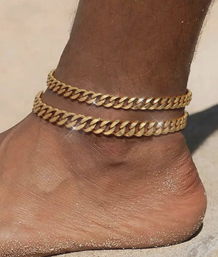 2-delige Gouden Roestvrijstalen Cuban Chain Enkelbandjes Set voor Dames en Heren