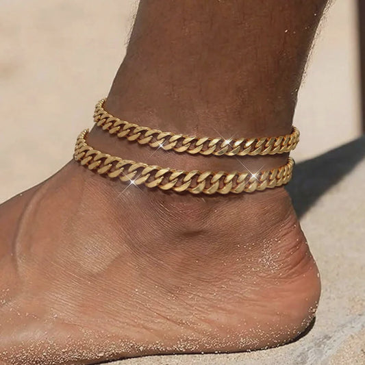 2-delige Gouden Roestvrijstalen Cuban Chain Enkelbandjes Set voor Dames en Heren