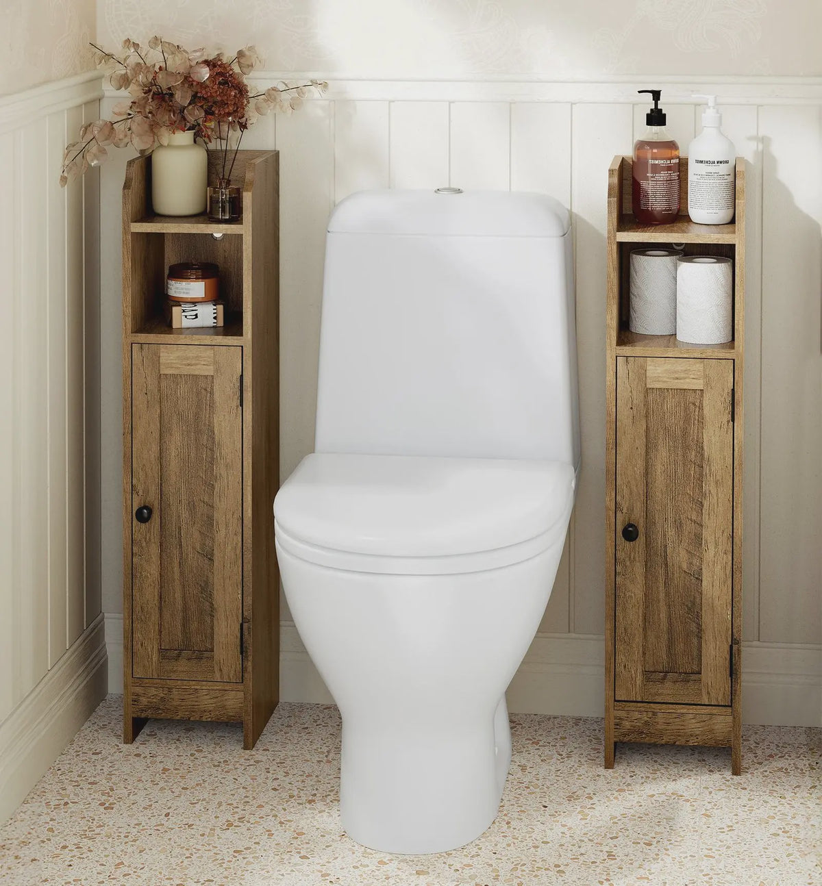 Smalle Houten Badkamerkast met Deur en Plank - Ideaal voor Toiletpapier
