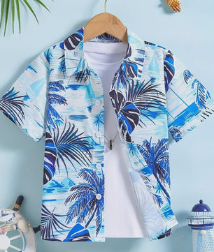 Kinder Hawaii Blouse Korte Mouw met Palmbomen Print - Perfect voor Vakantie en Buitenplezier