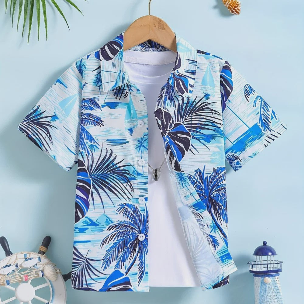 Kinder Hawaii Blouse Korte Mouw met Palmbomen Print - Perfect voor Vakantie en Buitenplezier