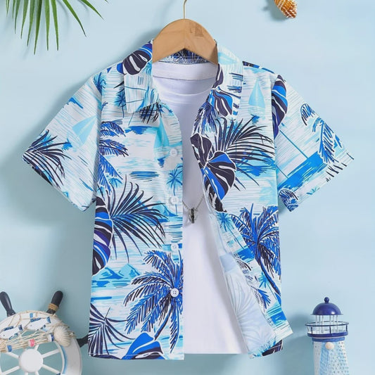Kinder Hawaii Blouse Korte Mouw met Palmbomen Print - Perfect voor Vakantie en Buitenplezier