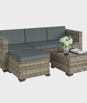 Outsunny 5-delige Rotan Loungeset met Kussens en Glazen Tafel - Tuinmeubelen