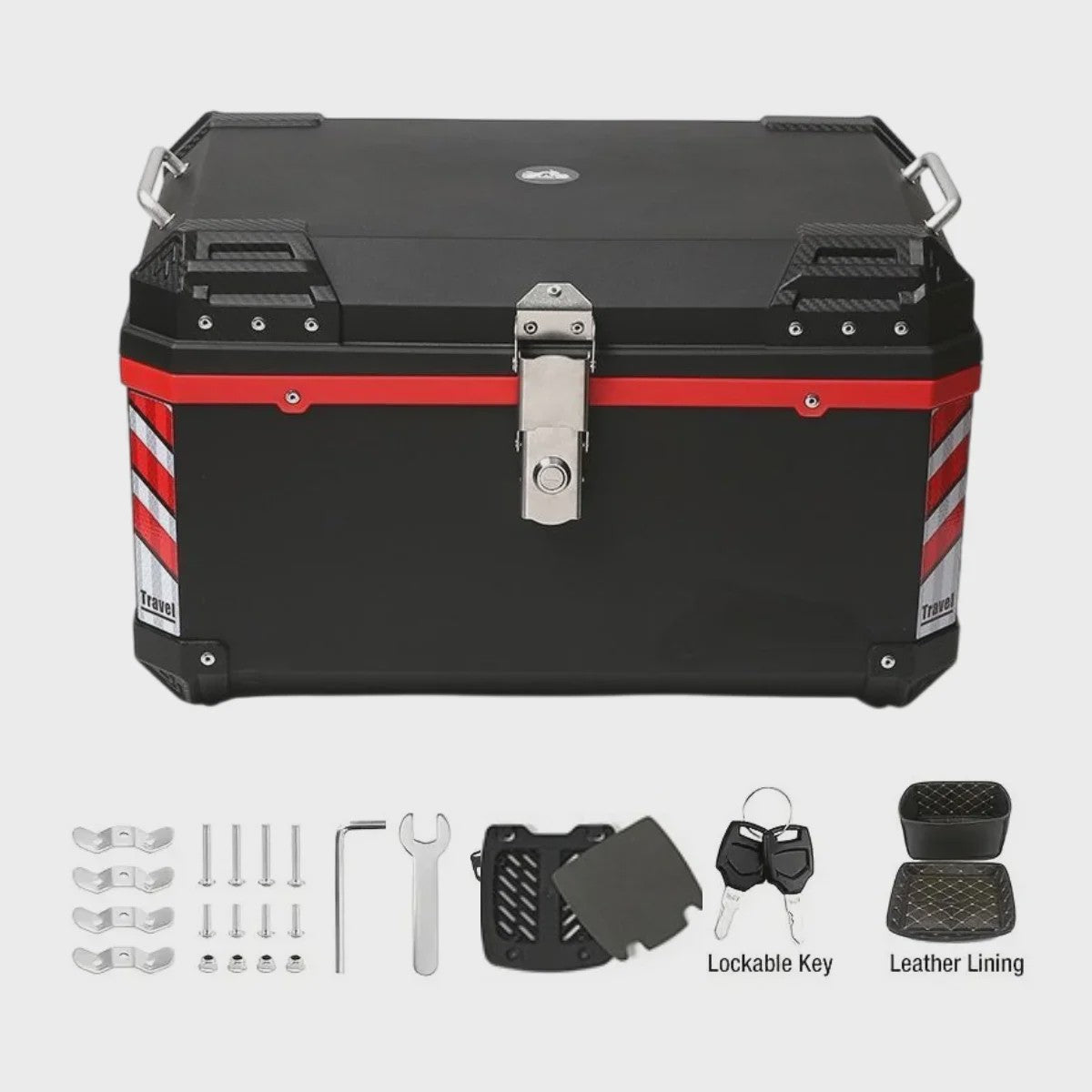 Motorbagagekoffer 68L Zwart met Interieur, Reflectoren & Montagebasis - Outdoor Ritten