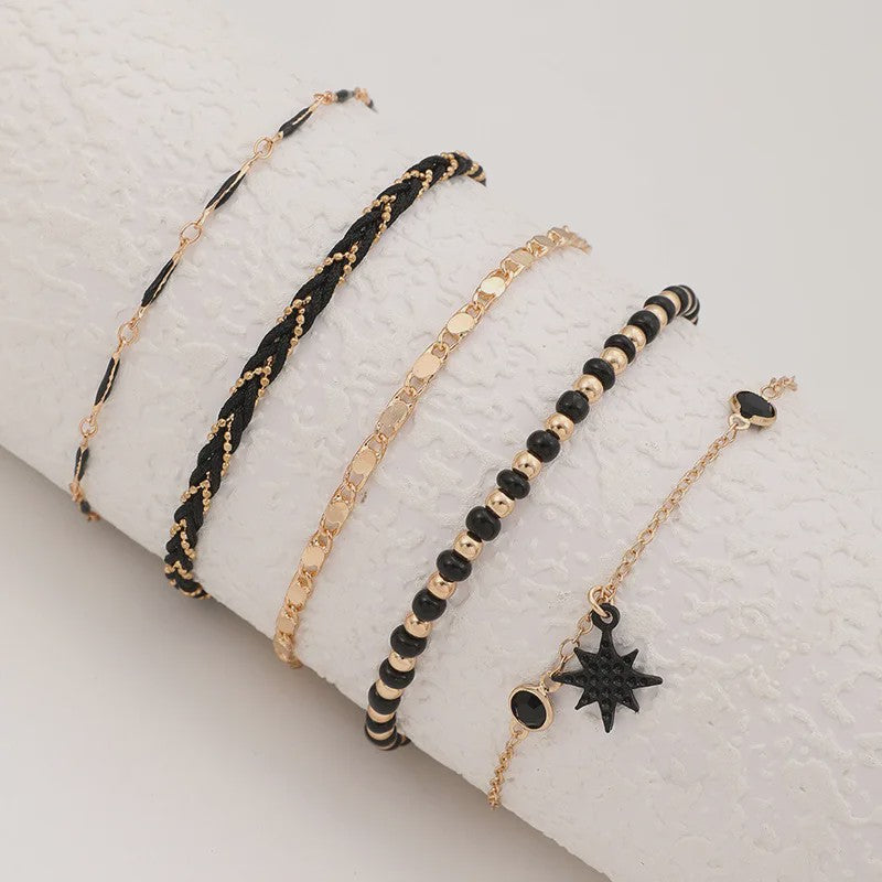 Bohemian Anklet Set: 4-delige Woven Rope & Kralen Enkelbandjes