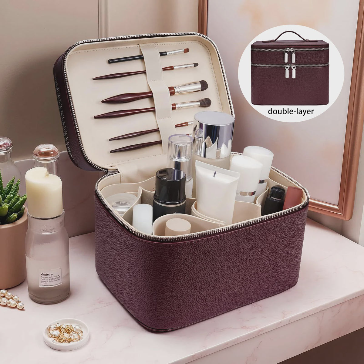 Dubbellaagse Make-up Tas - Draagbare Professionele Cosmetica Organizer met Verstelbare Vakken