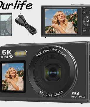 Ourlife Digitale Camera 5K 80MP met 18x Zoom, WIFI & Dual IPS Scherm - Vintage Vlog Camera