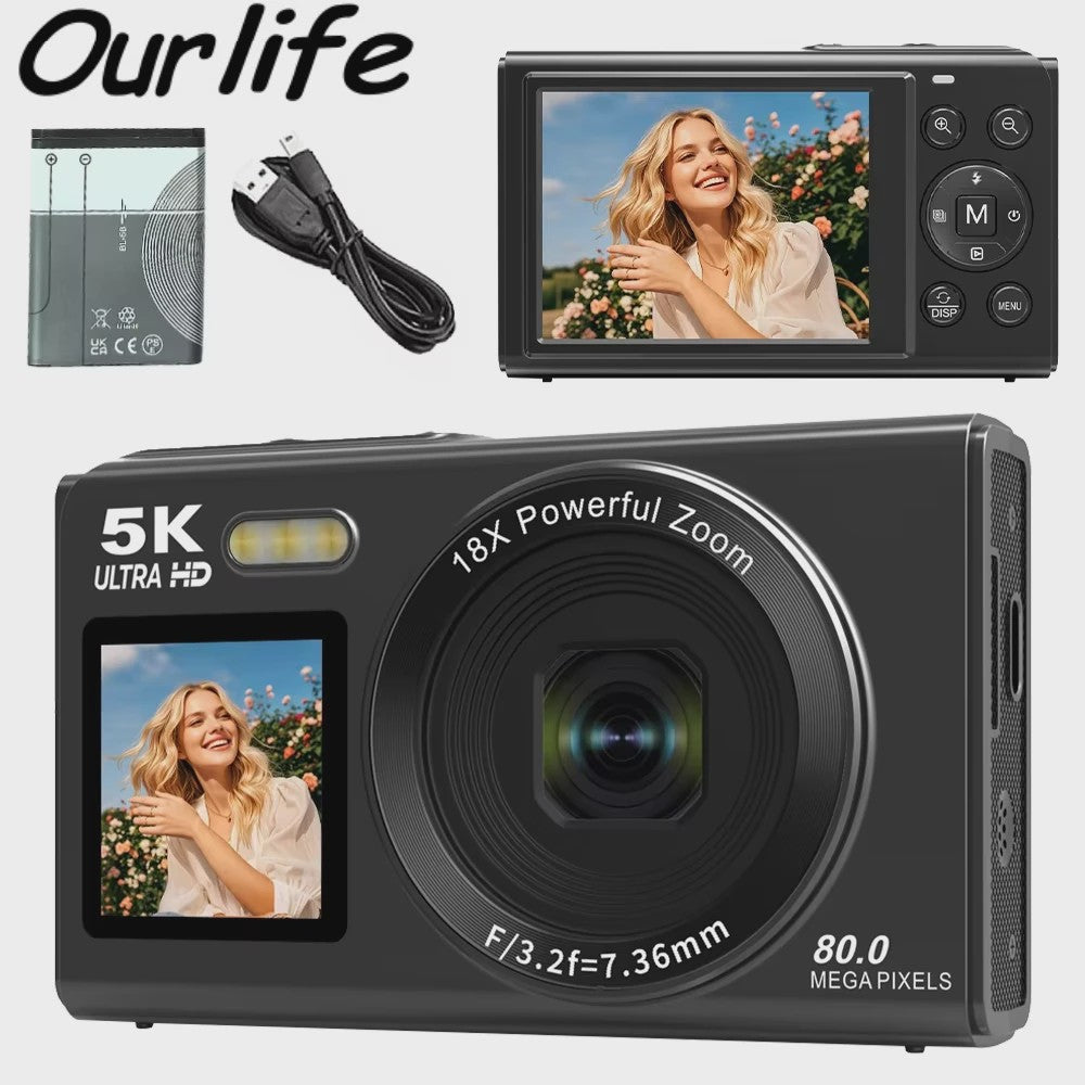 Ourlife Digitale Camera 5K 80MP met 18x Zoom, WIFI & Dual IPS Scherm - Vintage Vlog Camera