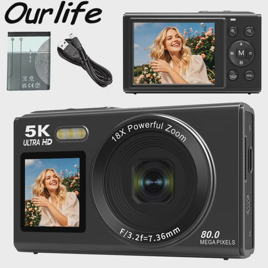 Ourlife Digitale Camera 5K 80MP met 18x Zoom, WIFI & Dual IPS Scherm - Vintage Vlog Camera