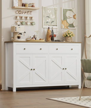 Stijlvol Wit Dressoir 140cm met Houten Top - Ruime Opbergkast voor Woon- en Eetkamer