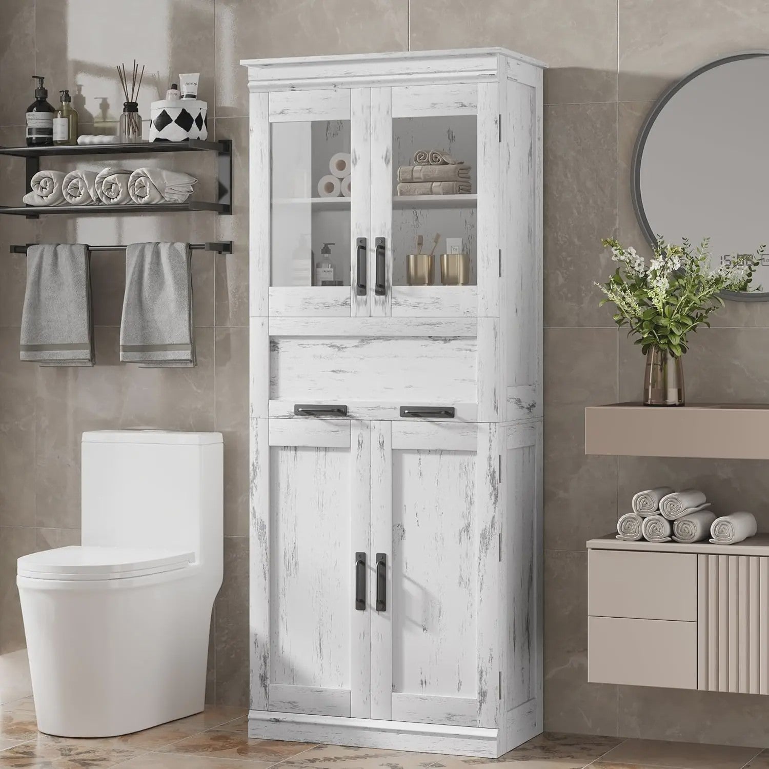 Hoge Kast met 4 Deuren, Lade en Glazen Deuren - 170 cm - Veel Opbergruimte