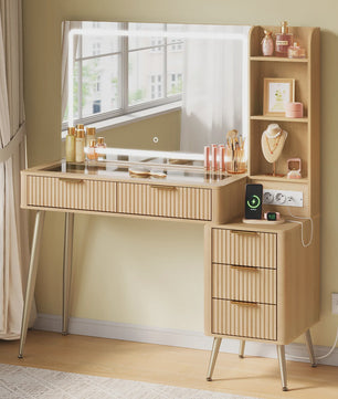 WOLTU Kaptafel met Groot LED Spiegel, Verstelbare Verlichting, Make-up Tafel met Lades en Stopcontact