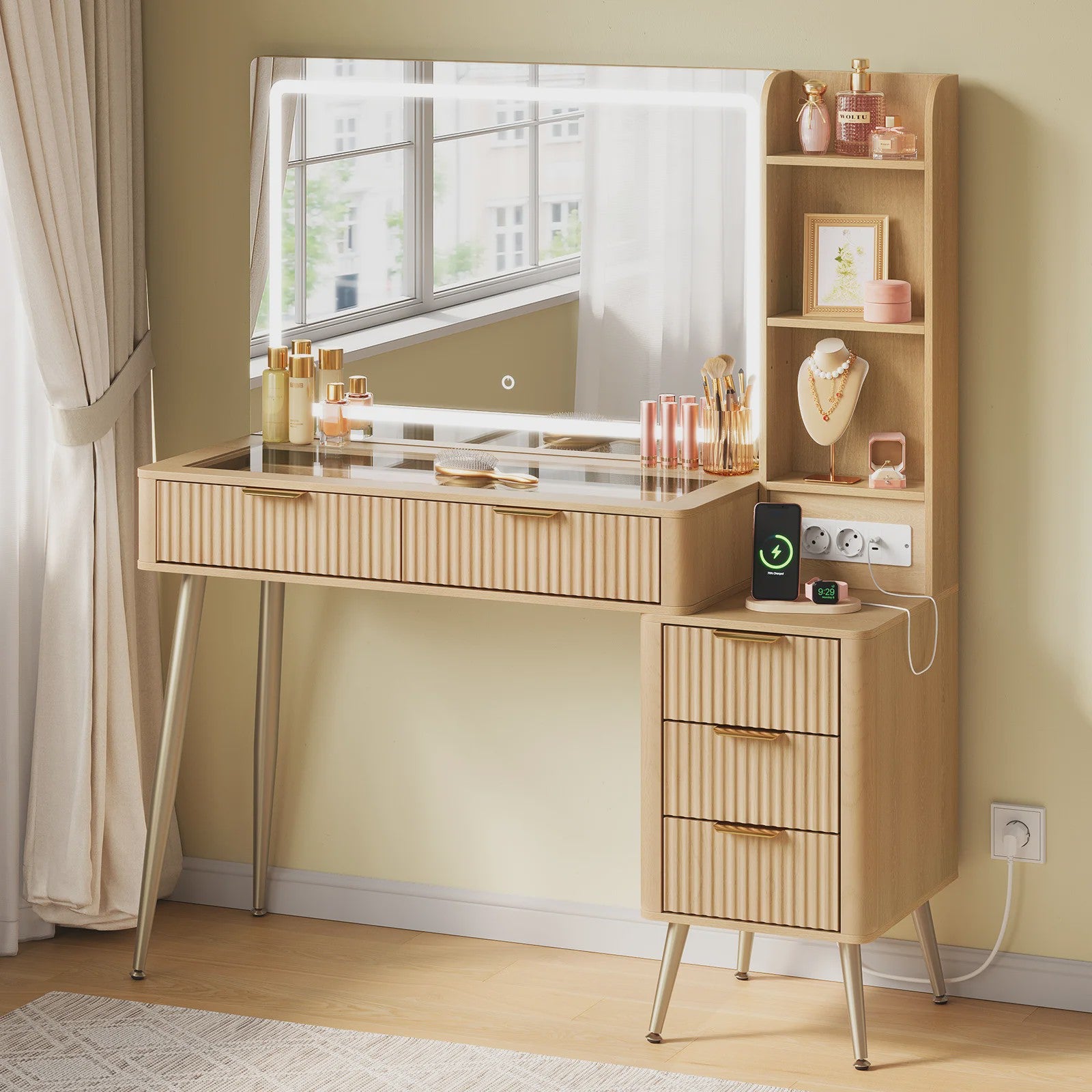 WOLTU Kaptafel met Groot LED Spiegel, Verstelbare Verlichting, Make-up Tafel met Lades en Stopcontact