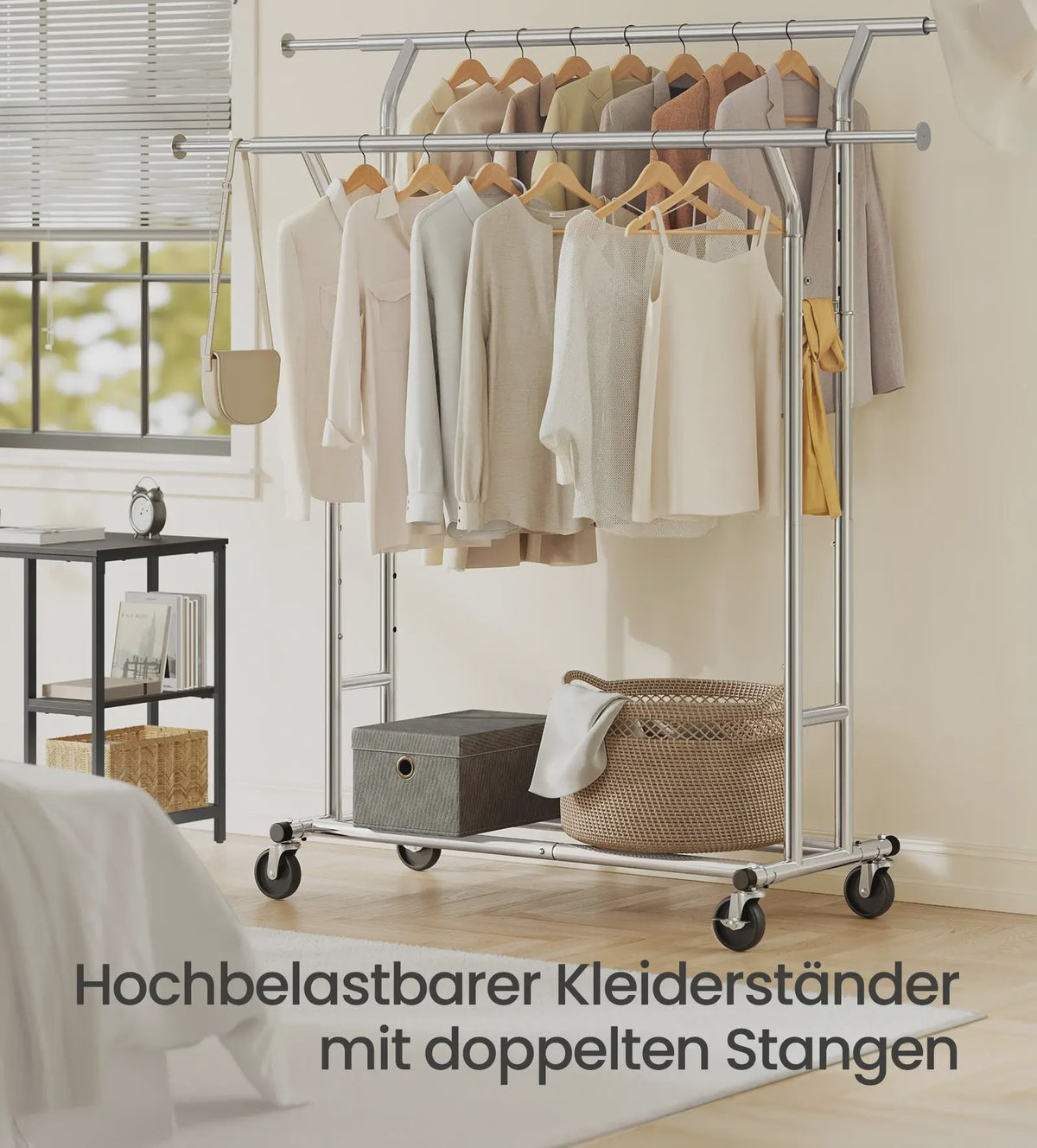 Dubbele Kledingrek op Wielen - Verstelbaar & Robuust Metalen Garderoberek