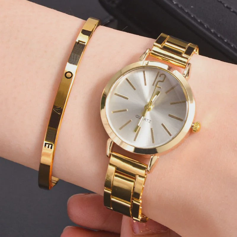 Luxe Dameshorloge Set met Minimalistische Wijzerplaat en Goudkleurige Armband - Stijlvol Quartz Polshorloge