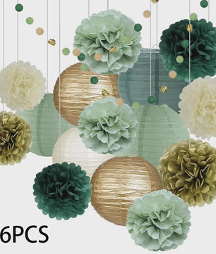 16-delige Feestdecoratie Set: Saliegroene Lampionnen & Pompons in Goud, Ivoor & Grijsgroen