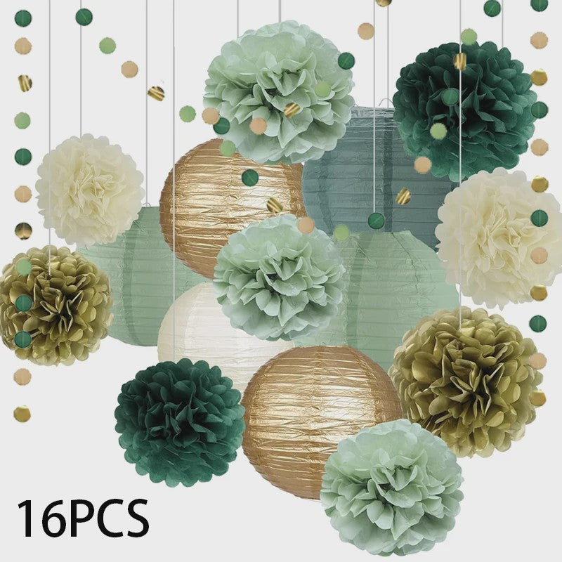 16-delige Feestdecoratie Set: Saliegroene Lampionnen & Pompons in Goud, Ivoor & Grijsgroen