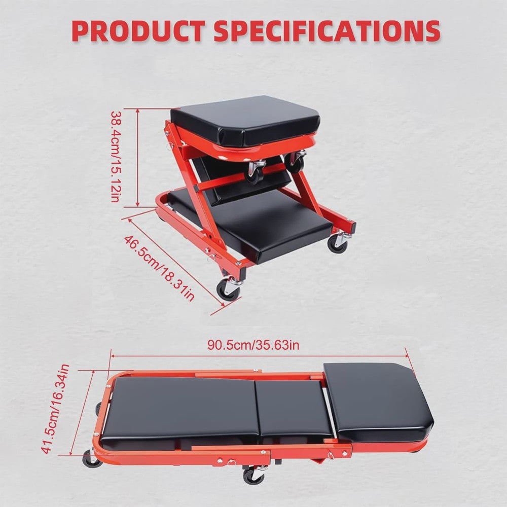 36-Inch 2-in-1 Opvouwbare Monteurskruk & Rolstoel - Zwart/Rood