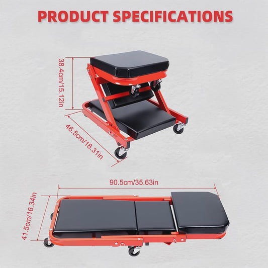 36-Inch 2-in-1 Opvouwbare Monteurskruk & Rolstoel - Zwart/Rood