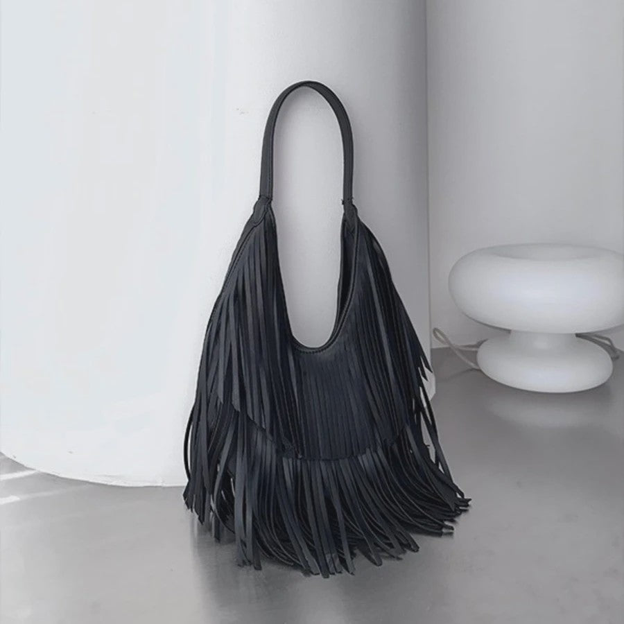 Luxe Dames Schoudertas met Lange Franjes - Zacht PU Leer, Casual Hobo Tote
