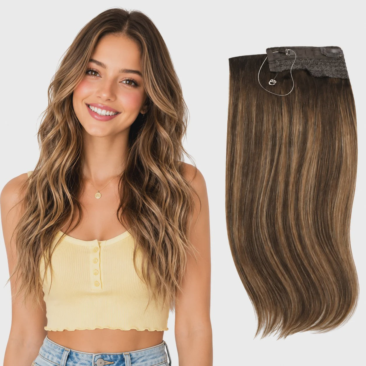 VeSunny Invisble Wire Hair Extensions - Remy Menselijk Haar, Balayage Kleuren, 1 Stuk