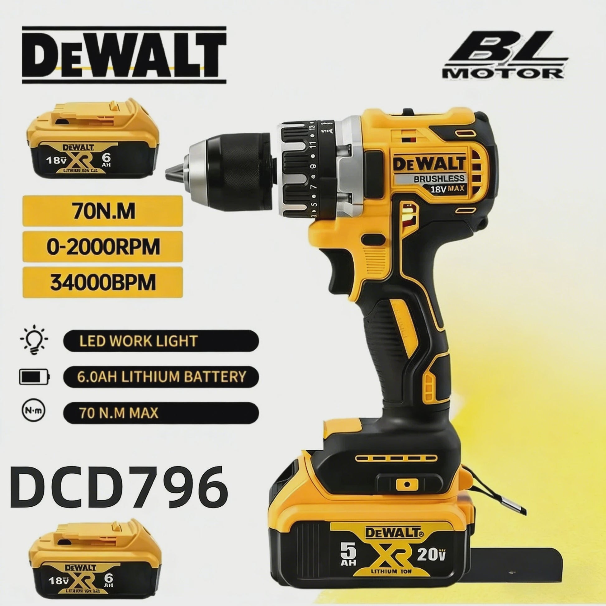DeWalt DCD796 Accu Klopboormachine & Schroefmachine - Krachtige Brushless Motor, 18V