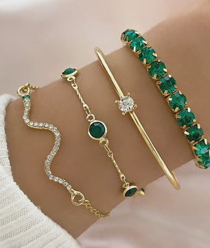 Set van 4 Luxe Armbanden met Groene Edelstenen en Strass - Stijlvolle Sieraden voor Dames