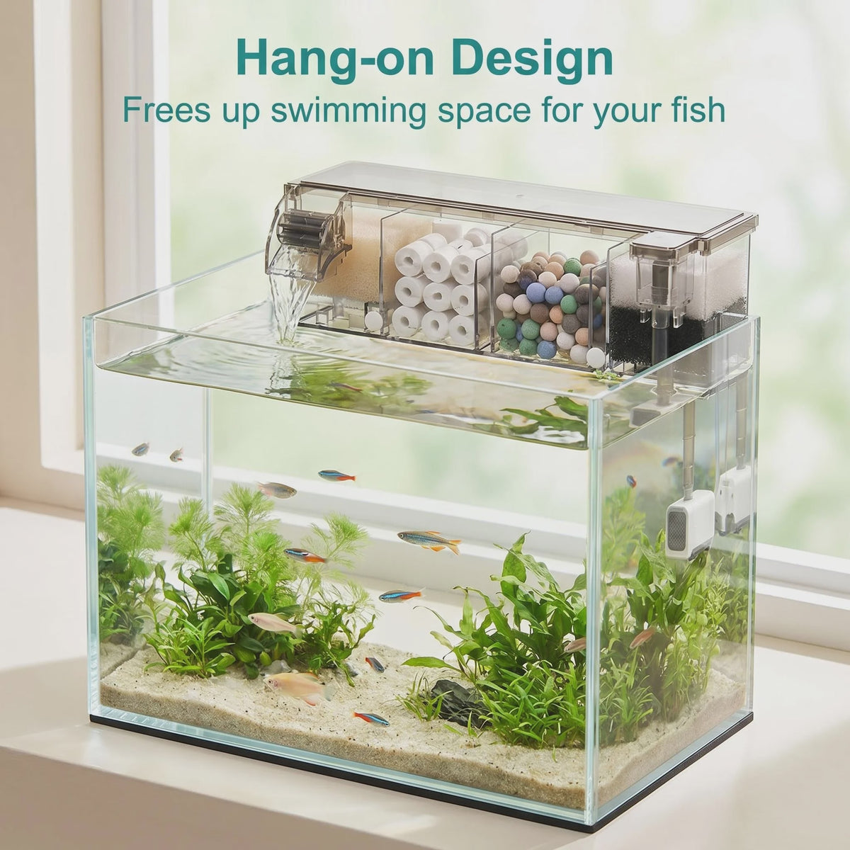 Ruimtebesparend Aquariumfilter Hang-on met Meerfasenfiltering en Watervaluitloop - 4 Maten