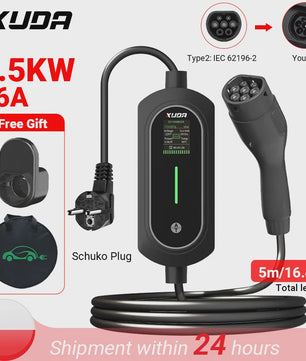 Draagbare Type 2 EV Charger 3.5KW 16A, 5M Kabel, IP66 Waterdicht, Instelbare Stroomsterkte