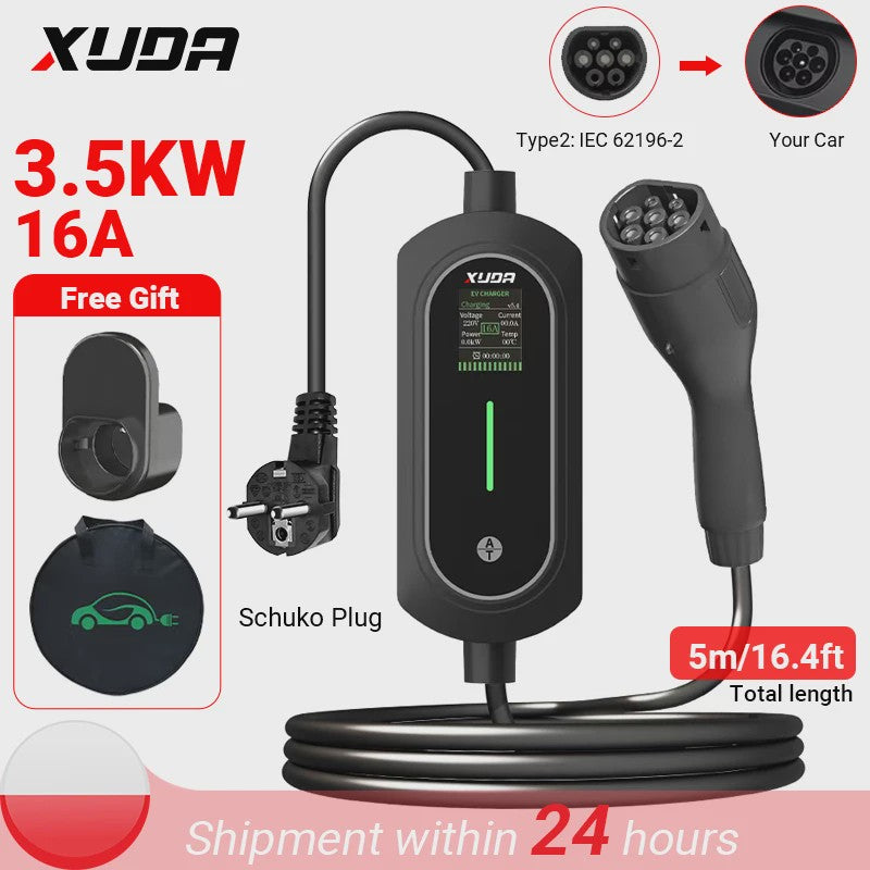 Draagbare Type 2 EV Charger 3.5KW 16A, 5M Kabel, IP66 Waterdicht, Instelbare Stroomsterkte