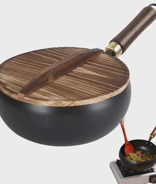 Handgesmeed Gietijzeren Wokpan met Deksel - Non-Stick, Geschikt voor Gas & Inductie