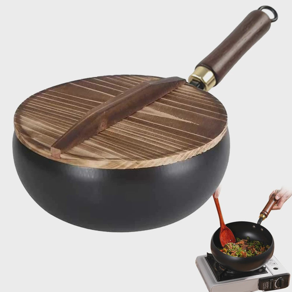 Handgesmeed Gietijzeren Wokpan met Deksel - Non-Stick, Geschikt voor Gas & Inductie