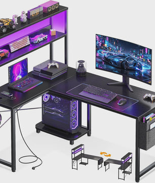 Coleshome L-vormig Gaming Bureau met LED, Stopcontacten & Opbergvak - 110x80cm - Zwart