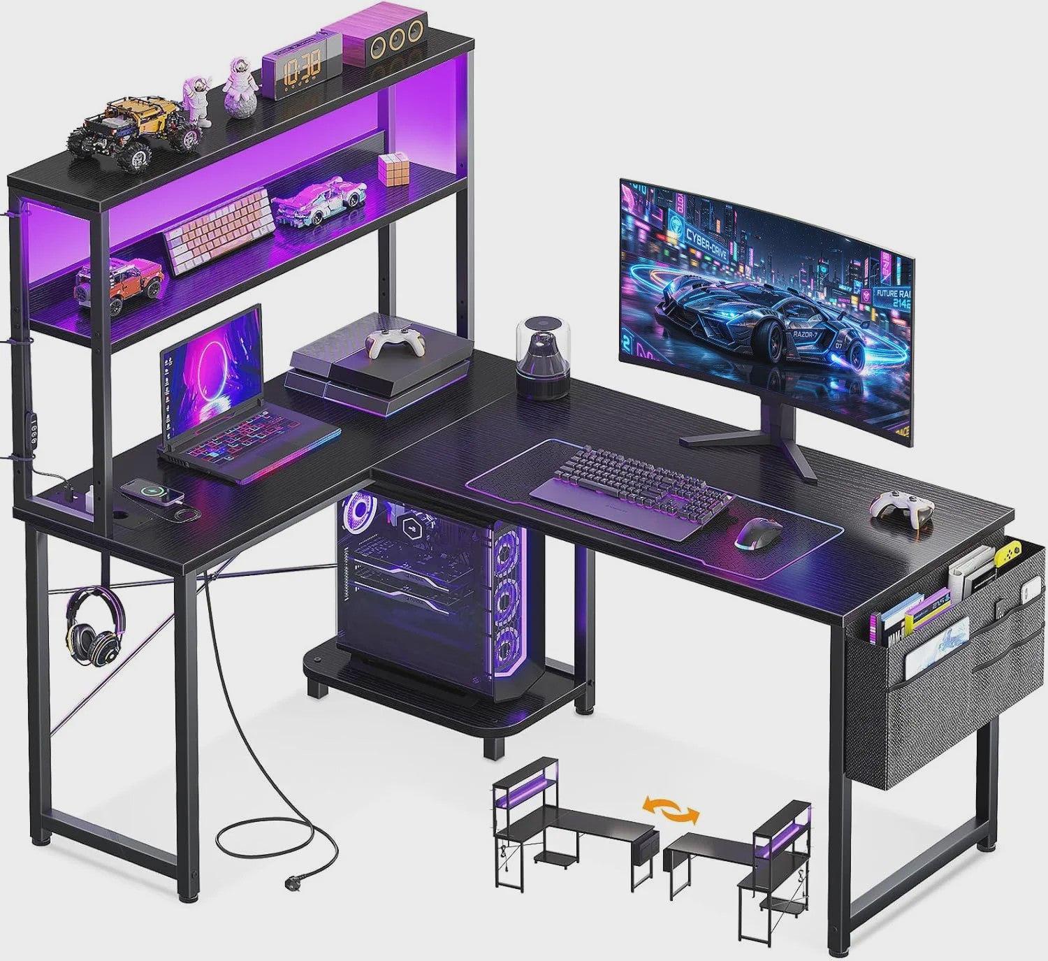 Coleshome L-vormig Gaming Bureau met LED, Stopcontacten & Opbergvak - 110x80cm - Zwart