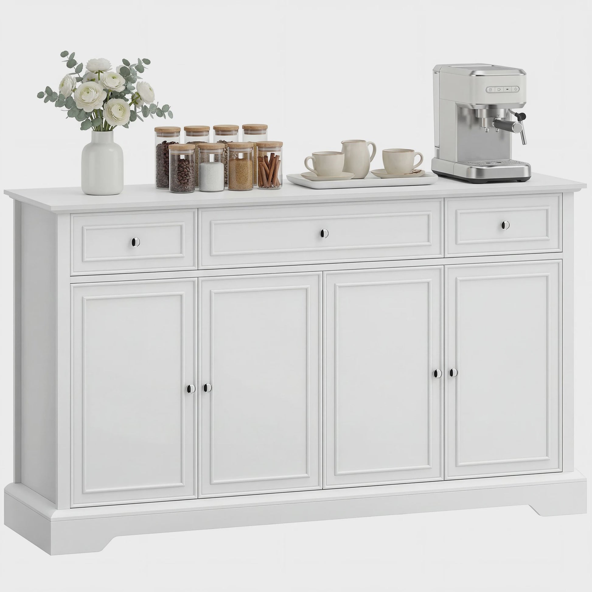 HOMCOM Buffetkast Woonkamer - Wit, 3 Lades, 4 Deuren met Soft-close en Verstelbare Planken