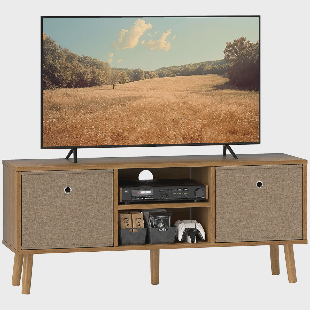 Stijlvolle TV Meubel met 2 Lades en Open Vakken - 110cm Breed - Houtkleurig & Bruin - Tot 50 Inch TV