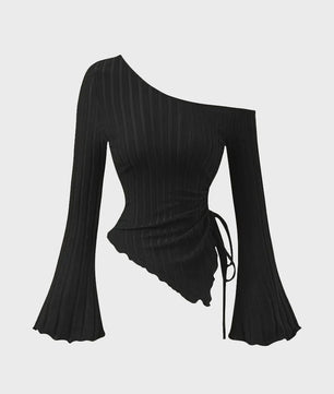 Dames Off-Shoulder T-shirt met Trompetmouwen en Asymmetrische Pasvorm