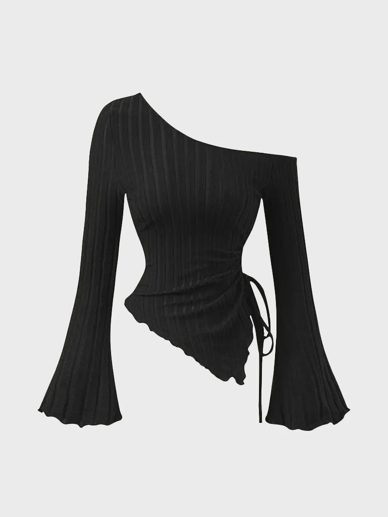 Dames Off-Shoulder T-shirt met Trompetmouwen en Asymmetrische Pasvorm
