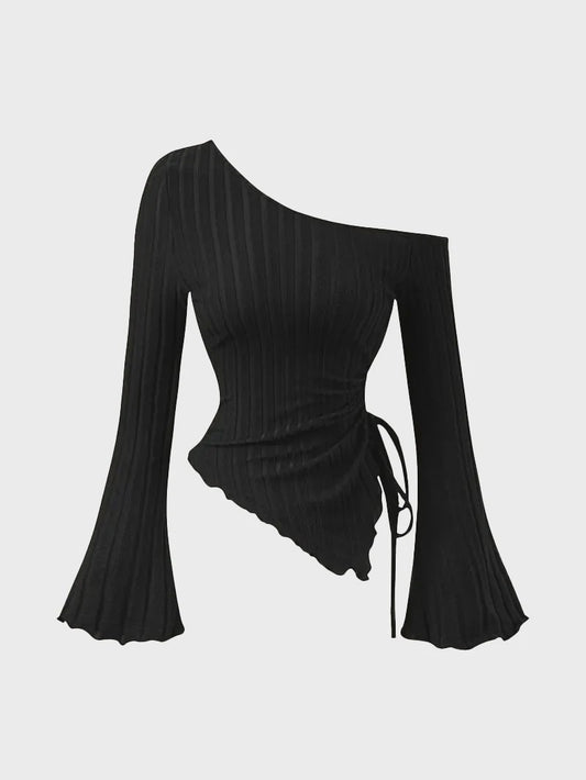 Dames Off-Shoulder T-shirt met Trompetmouwen en Asymmetrische Pasvorm