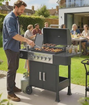 RVS Gas BBQ Grill Cart met 6+1 Branders, Zijbrander, Wielen & Thermometer