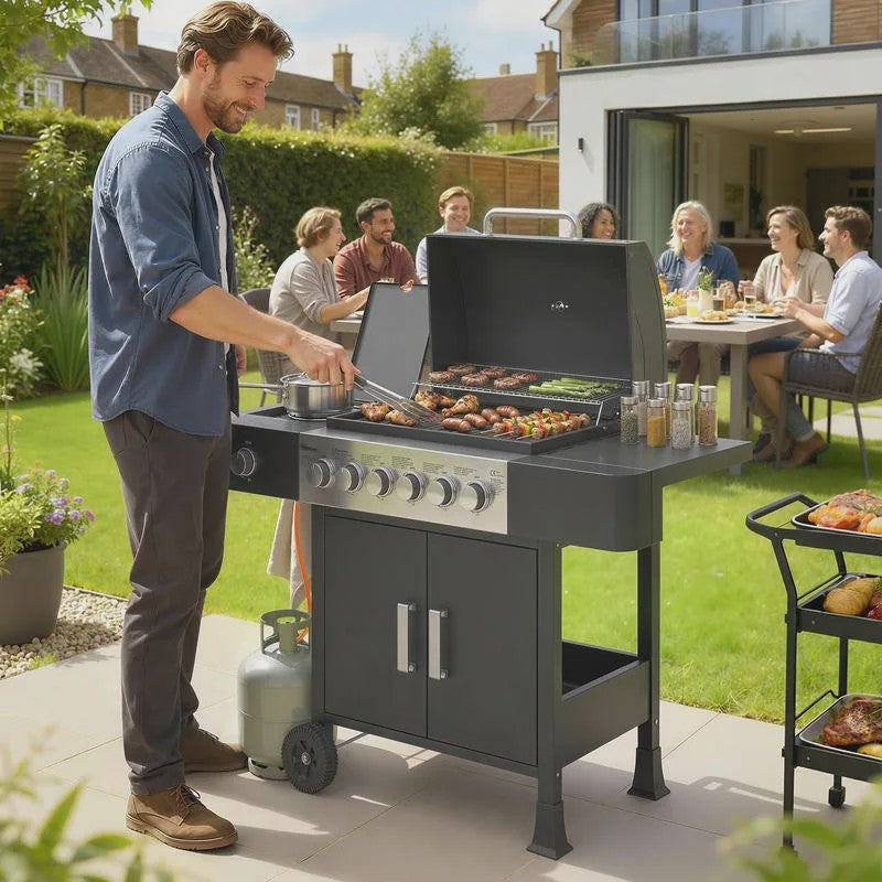 RVS Gas BBQ Grill Cart met 6+1 Branders, Zijbrander, Wielen & Thermometer