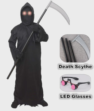 Grim Reaper Doodskostuum met Gloeiende Rode Ogen - Compleet Halloween Outfit
