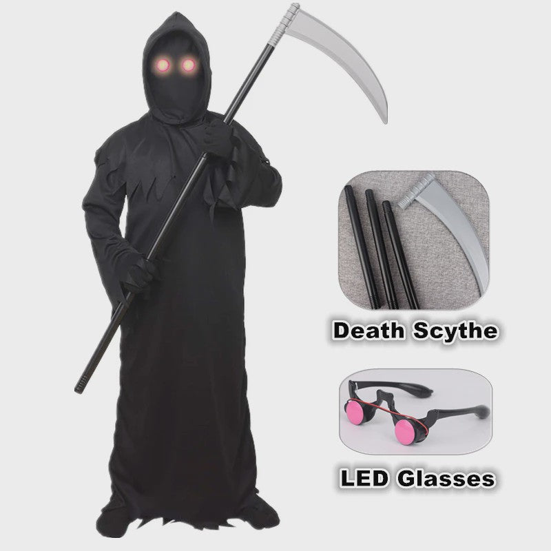 Grim Reaper Doodskostuum met Gloeiende Rode Ogen - Compleet Halloween Outfit