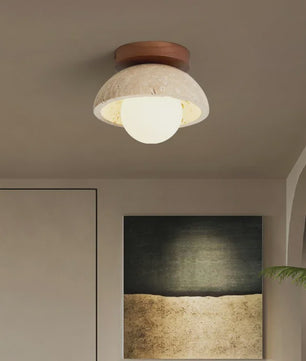 Wabi Sabi Stijl Plafondlamp - Natuursteen Look met Houten Accent