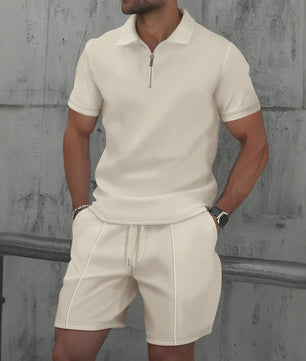 Zomerse Wafel Set: Poloshirt met Rits en Shorts