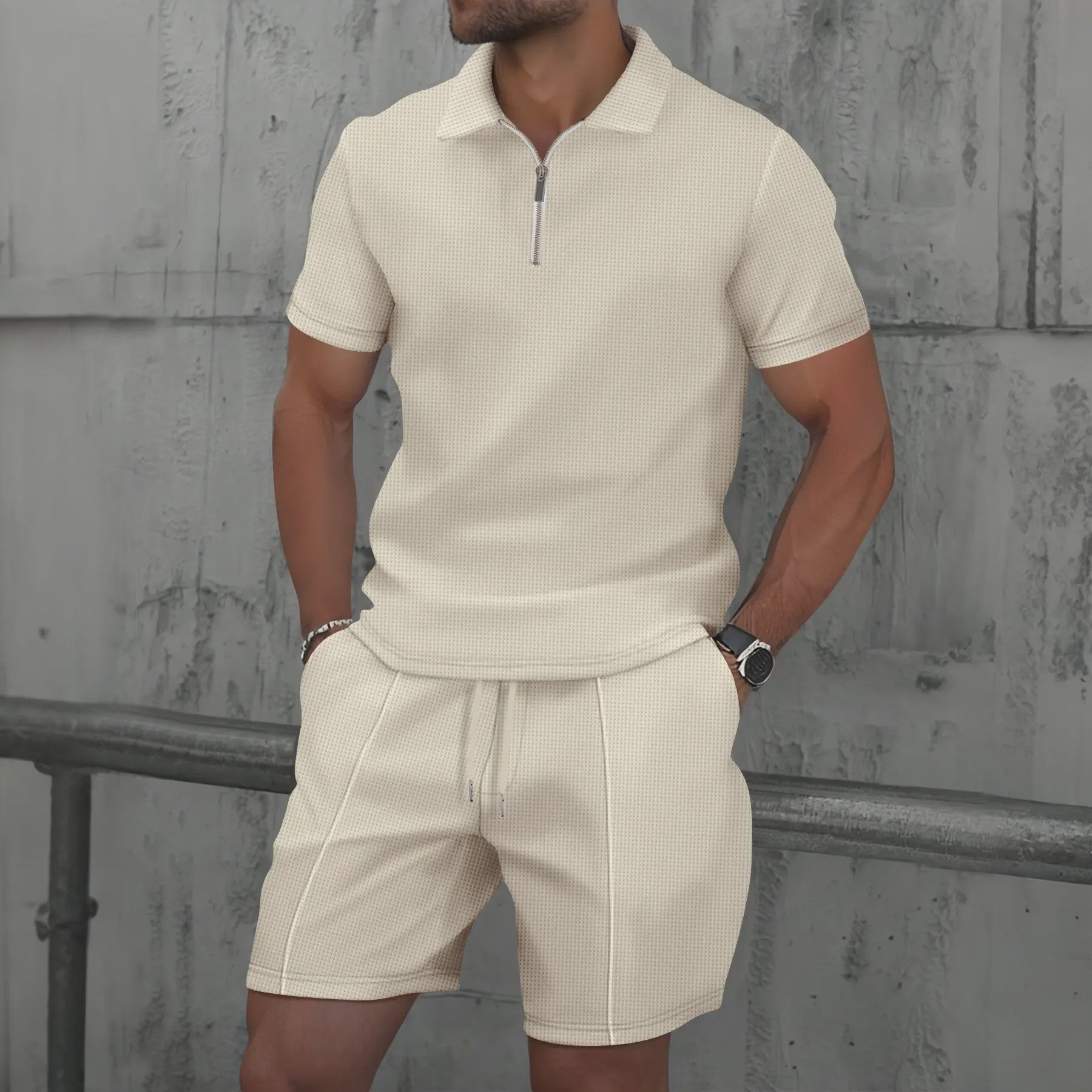 Zomerse Wafel Set: Poloshirt met Rits en Shorts