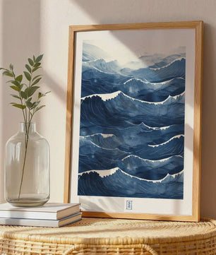 Abstracte Blauwe Golven Canvas Poster - Japandi Zen Stijl Wanddecoratie